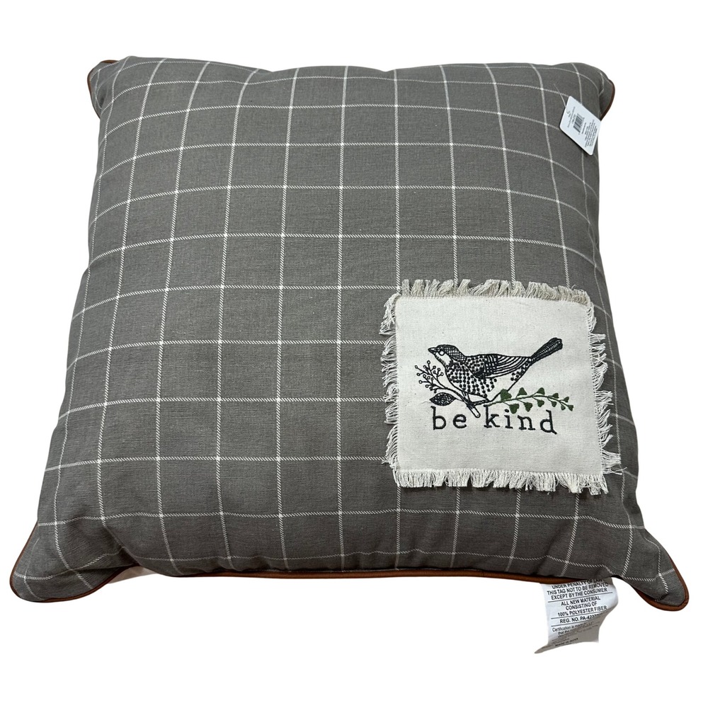 Place & Time Be Kind Bird Plaid Throw Pillow Grey White‎ 24x24 Farmhouse Decor
